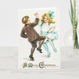 Tarjeta Festiva Vintage A Merry Christmas Boy and Chica Dance