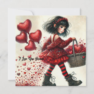 Tarjeta Festiva Vintage acuarela pequeña niña con corazones rojos