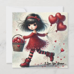 Tarjeta Festiva Vintage acuarela pequeña niña con corazones rojos