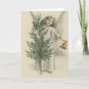 Tarjeta Festiva Vintage Angel Christmas Tree de nieve celestial
