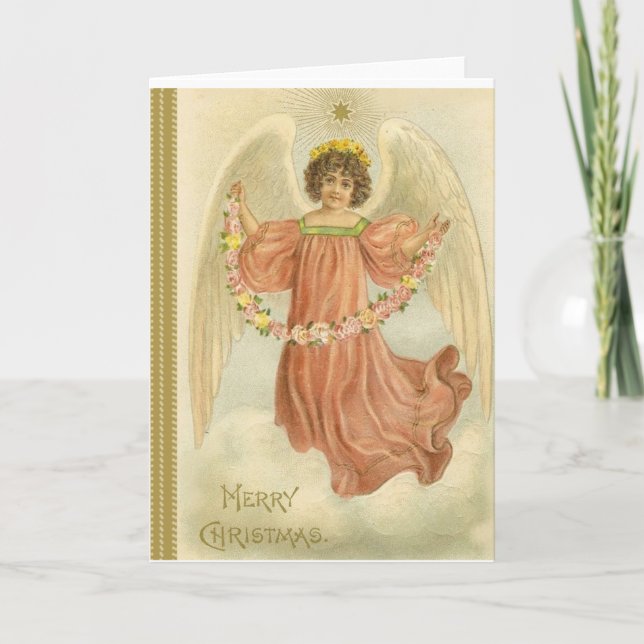 Tarjeta Festiva Vintage Angel Merry Christmas (Anverso)