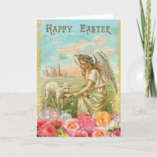 Tarjeta Festiva Vintage Ángel y Corderito Rosas Pascua