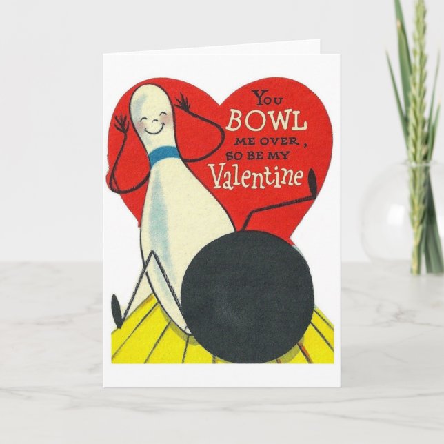 Tarjeta Festiva Vintage Antropomorfo Bowling Valentine (Anverso)