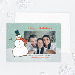 Tarjeta Festiva Vintage Aqua Winter Snowman Happy Holidays<br><div class="desc">El diseño de la tarjeta fotográfica "Happy Holidays" presenta una escena de invierno nevada con copos de nieve cayendo y un muñeco de nieve feliz vestido con sombrero de punta y bufanda. Personalice su foto y saludo de personalizado a continuación. Diseño de color azul/verde, naranja/rojo y blanco con acentos azul...</div>