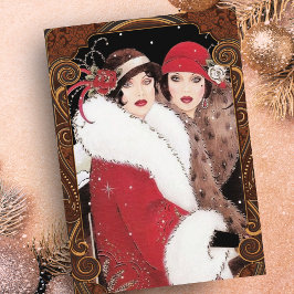 Tarjeta Festiva Vintage Art Deco Mujeres Navidades Red Gold