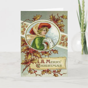 Tarjeta Festiva Vintage Art Victorian Chica Navidades Escena