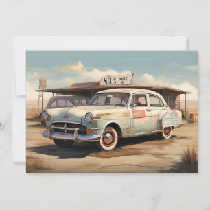 Tarjeta Festiva Vintage Auto-Drive Abandonado En El Restaurante