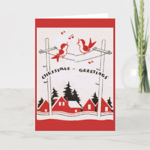 Tarjeta Festiva Vintage - Aves cantan saludos navideños,