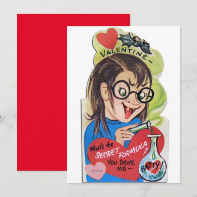 Tarjeta Festiva Vintage Batty Valentine Day Nerd Chica (Anverso / Reverso)
