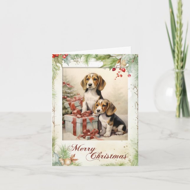 Tarjeta Festiva Vintage Beagle Navidades (Anverso)