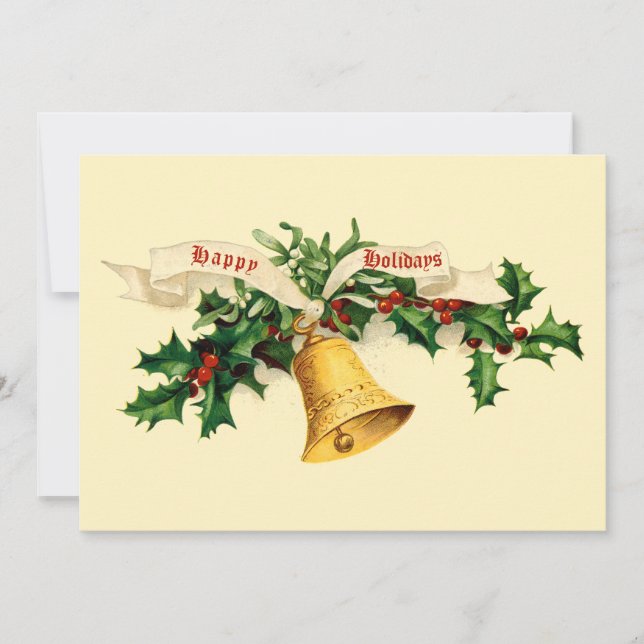 Tarjeta Festiva Vintage Bell, Mistletoe y Holly (Anverso)