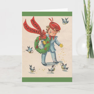 Tarjeta Festiva Vintage Bird Feeding Christmas Card