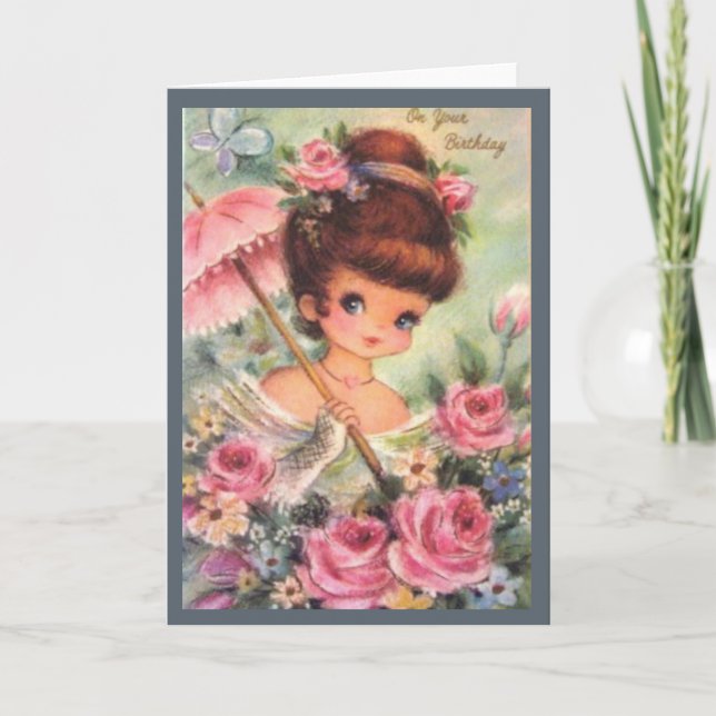 Tarjeta Festiva Vintage Birthday Flower Girl (Anverso)
