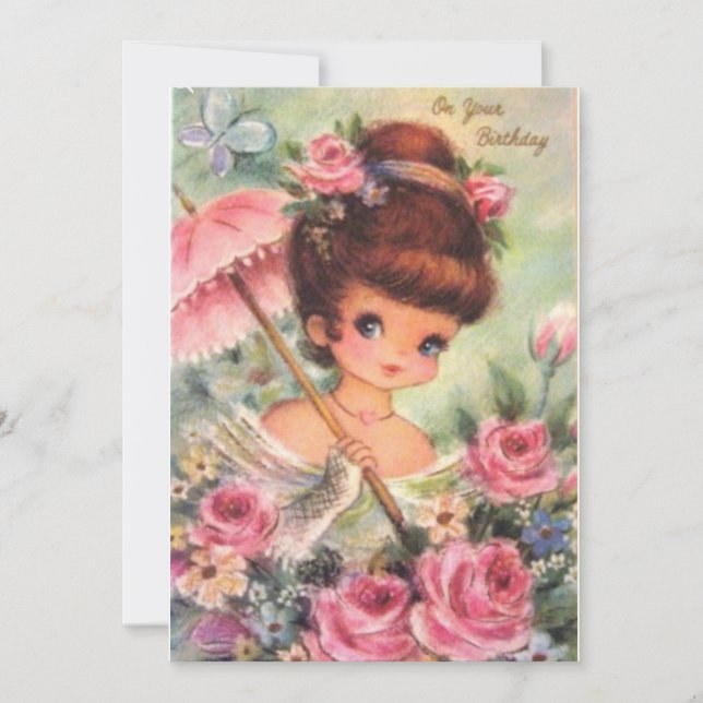 Tarjeta Festiva Vintage Birthday Flower Girl (Anverso)