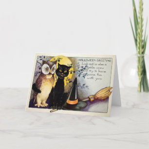 Tarjeta Festiva Vintage Black Cat and Owl Halloween Card