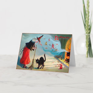 Tarjeta Festiva Vintage Black Cat and Witch Halloween Card