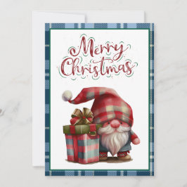 Tarjeta Festiva Vintage Blue Buffalo Plaid Watercolor Rojo Gnome