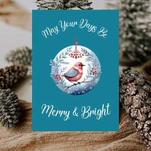 Tarjeta Festiva Vintage Boho Caprichoso Pájaro Fresco Blues Navida