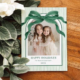Tarjeta Festiva Vintage Bow Green Stripe Christmas Photo