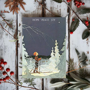 Tarjeta Festiva Vintage Boy en esquí alabando a la estrella de los