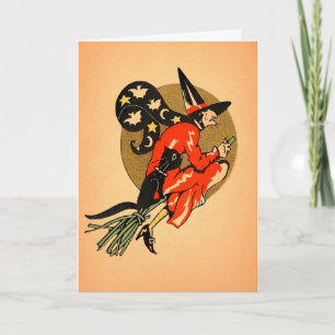 Tarjeta Festiva Vintage Broom Witch Halloween Card