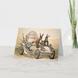 Tarjeta Festiva Vintage Bunnies Driving Easter Card