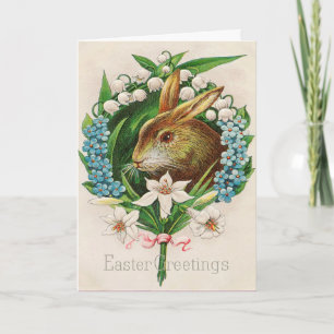 Tarjeta Festiva Vintage Bunny Floral Wreath Saludos de Pascua