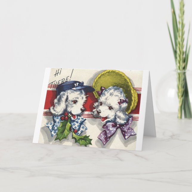 Tarjeta Festiva Vintage - Caniches Blancos de Navidad, (Anverso)