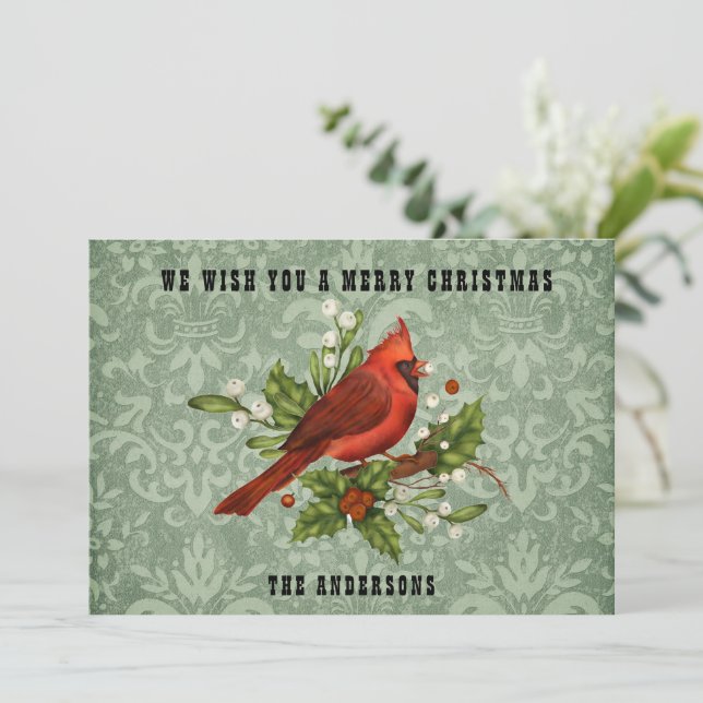 Tarjeta Festiva Vintage Cardinal Red Bird Merry Christmas (Anverso de pie)