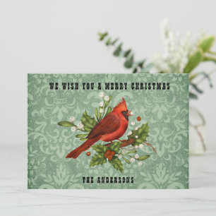 Tarjeta Festiva Vintage Cardinal Red Bird Merry Christmas