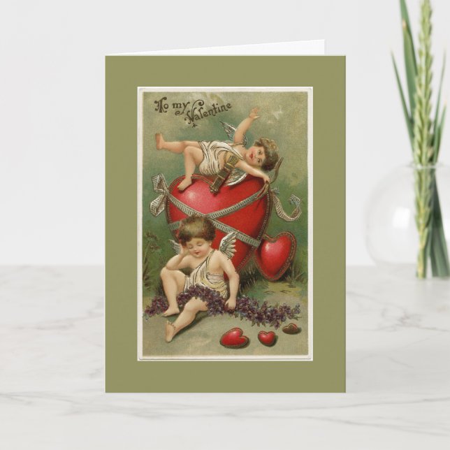Tarjeta Festiva Vintage Cherubs y Valentine Hearts Green (Anverso)