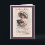 Tarjeta Festiva Vintage Chica de Pascua en Bonnet Greet Card<br><div class="desc">Vintage firmó la tarjeta de Pascua Ellen Clapsaddle con una encantadora niñita con un gran cuarto de bonos de Pascua Victoriana con una canasta de Pascua llena de flores y un saludo de Pascua.</div>