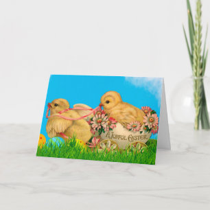 Tarjeta Festiva Vintage chicles de Pascua con cielo azul y huevo d