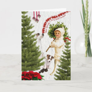 Tarjeta Festiva Vintage Child & Jack Russell Merry Christmas