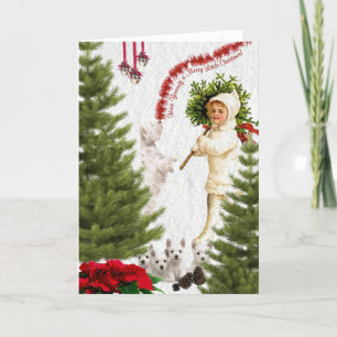 Tarjeta Festiva Vintage Child & Westie Westie Wire para la Feliz N