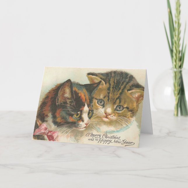 Tarjeta Festiva Vintage Christmas and New Year Cats (Anverso)