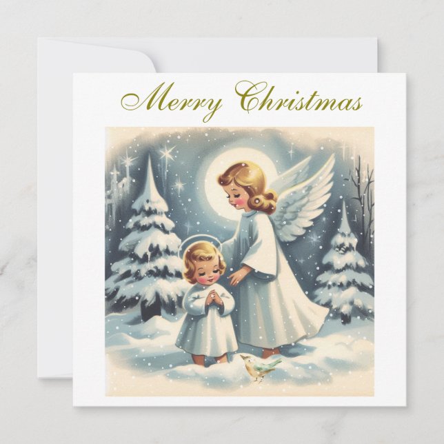 Tarjeta Festiva Vintage Christmas Angel, Child and Bird (Anverso)