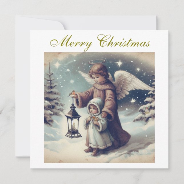 Tarjeta Festiva Vintage Christmas Angel, Child and Birds (Anverso)