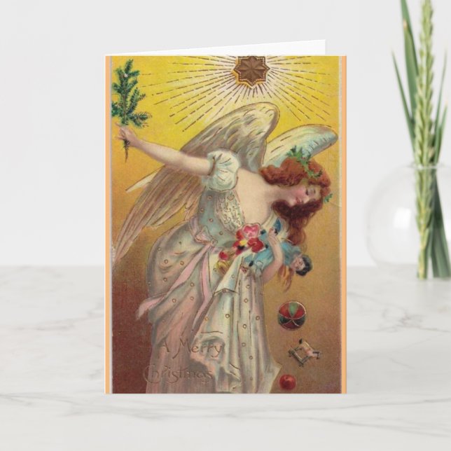 Tarjeta Festiva Vintage Christmas Angel con muñeca (Anverso)