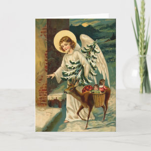 Tarjeta Festiva Vintage Christmas Angel con venado