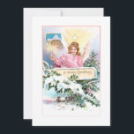 Tarjeta Festiva Vintage Christmas Angel, Star & Snow Covered Pine<br><div class="desc">Nostálgicos Navidades victorianos restaurados muestran hermosos ángeles alados de pelo dorado con túnicas rosas bajo una brillante estrella sosteniendo una vela iluminada con cabaña en un fondo rodeado de pino cubierto de nieve y pancartas que dicen "Una Feliz Navidad". Parte posterior de la tarjeta incluye gráficos coordinados por personalizados y...</div>