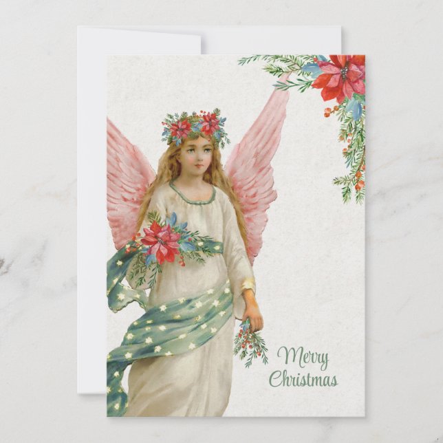 Tarjeta Festiva Vintage Christmas Angel y Poinsettias (Anverso)