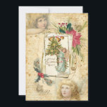 Tarjeta Festiva Vintage Christmas Angels, Holly y Poinsettias<br><div class="desc">Bonito diseño de collage con ángeles alados vintage,  armazón ornamentado,  antigua tarjeta de saludo sobre papel envejecido,  texto escrito a mano y pulverizadores de holly,  pino y poinsettias sobre un fondo de pergamino con problemas.</div>