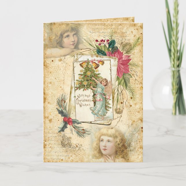 Tarjeta Festiva Vintage Christmas Angels, Holly y Poinsettias (Anverso)