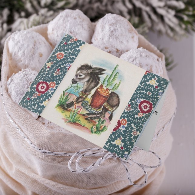 Tarjeta Festiva Vintage Christmas Baby Donkey Cactus Succulents (Mexican Christmas Card)