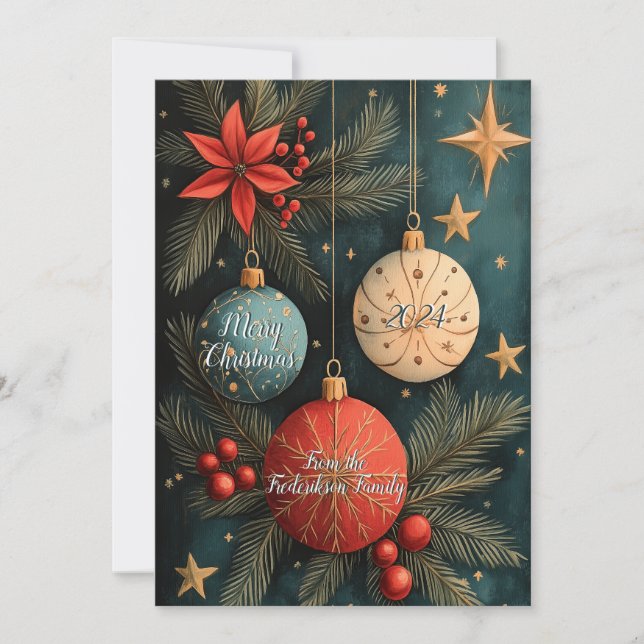 Tarjeta Festiva Vintage Christmas Baubles Flat Holiday Card (Anverso)