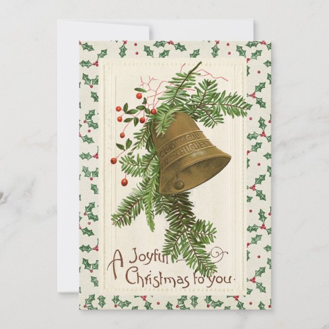 Tarjeta Festiva Vintage Christmas Bell Evergreen Joyful Holly (Anverso)