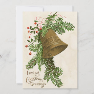 Tarjeta Festiva Vintage Christmas Bell Evergreen Love Greetings