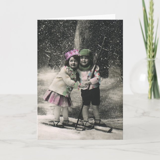 Tarjeta Festiva Vintage Christmas, Best Friends on Skis (Anverso)