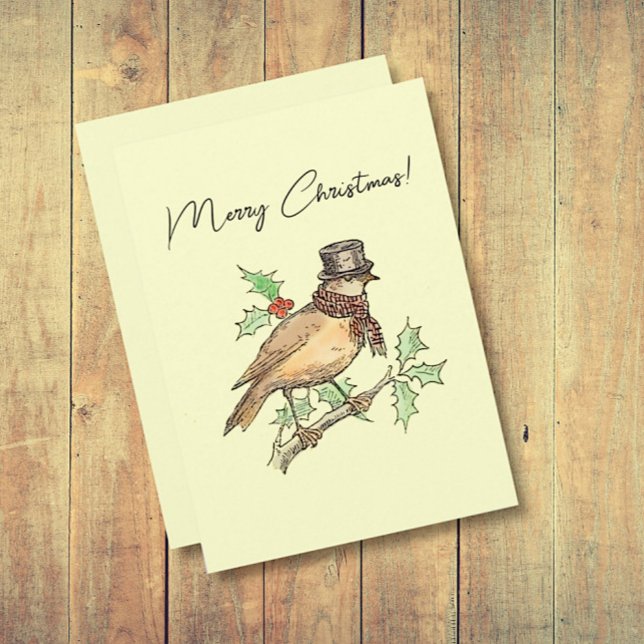 Tarjeta Festiva Vintage Christmas Bird en Holly Branch (Subido por el creador)